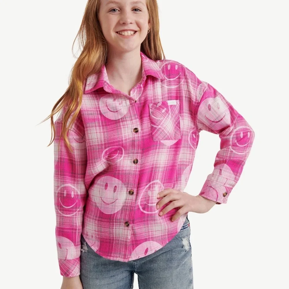 Justice Pink Plaid Smiley Face Button Down Shirt